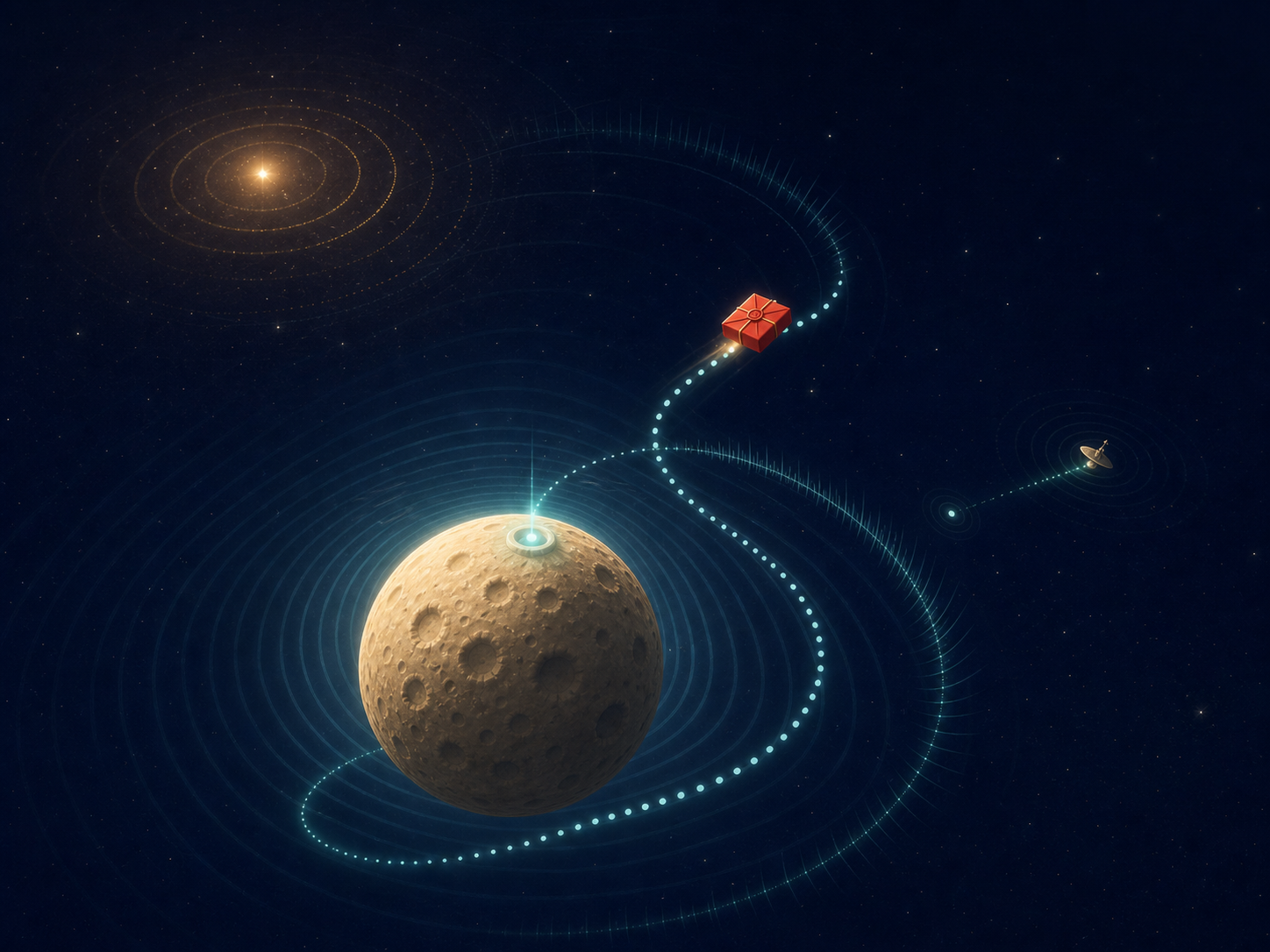 月を長くスイングする手紙の軌道が、音の波紋のように宇宙へ広がる